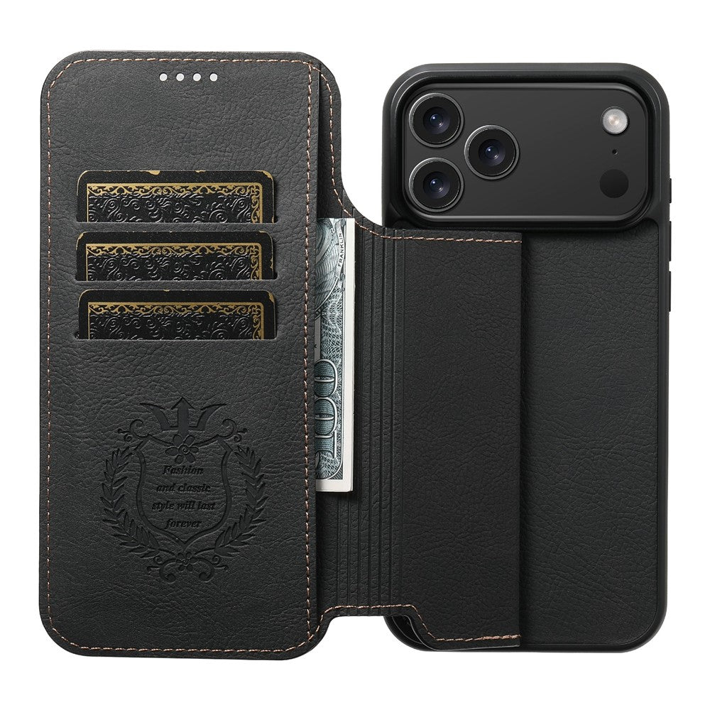 SUTENI J06 For iPhone 17 Pro Max Case Litchi Texture Leather Wallet Phone Shell Compatible with MagSafe - Black