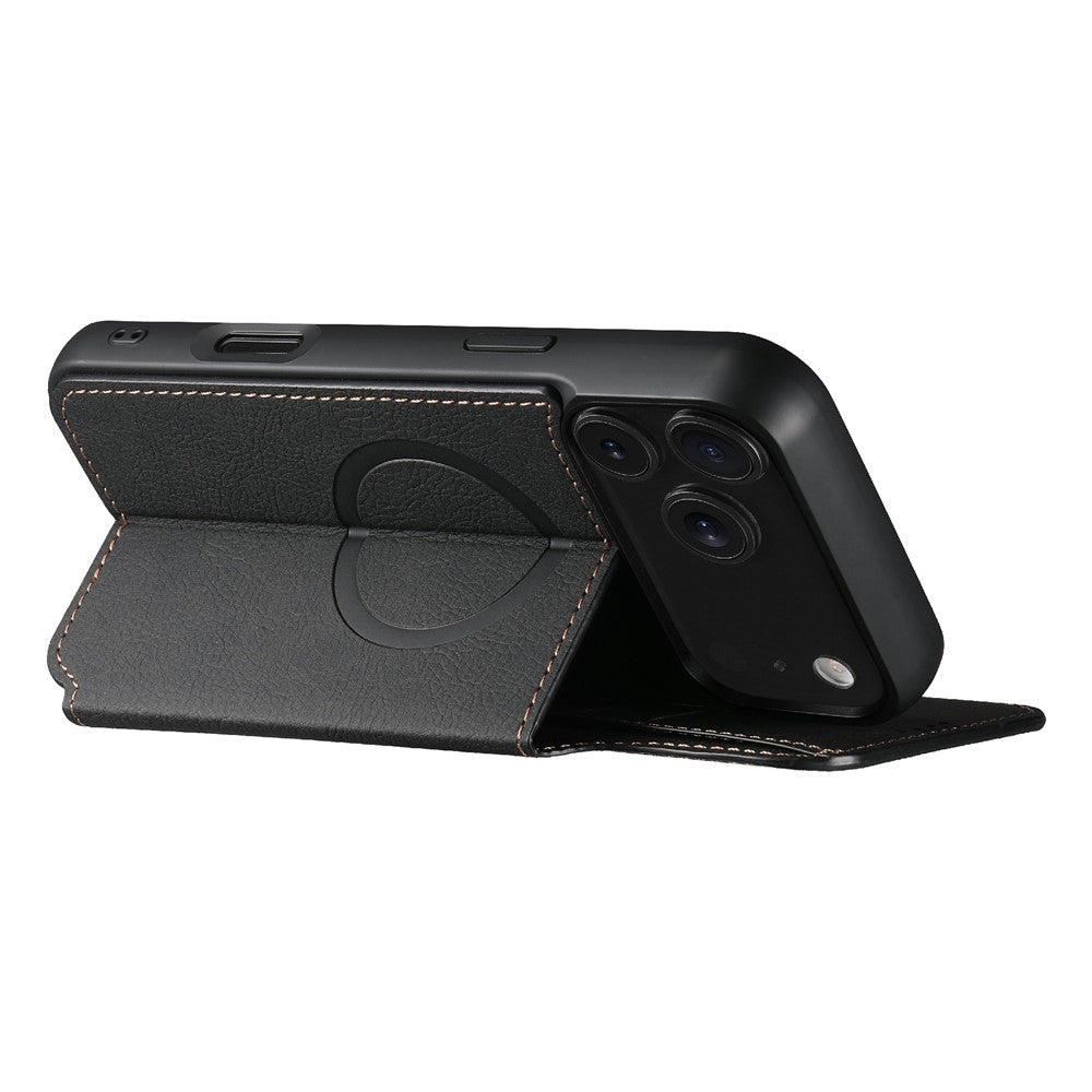 SUTENI J06 For iPhone 17 Pro Max Case Litchi Texture Leather Wallet Phone Shell Compatible with MagSafe - Black