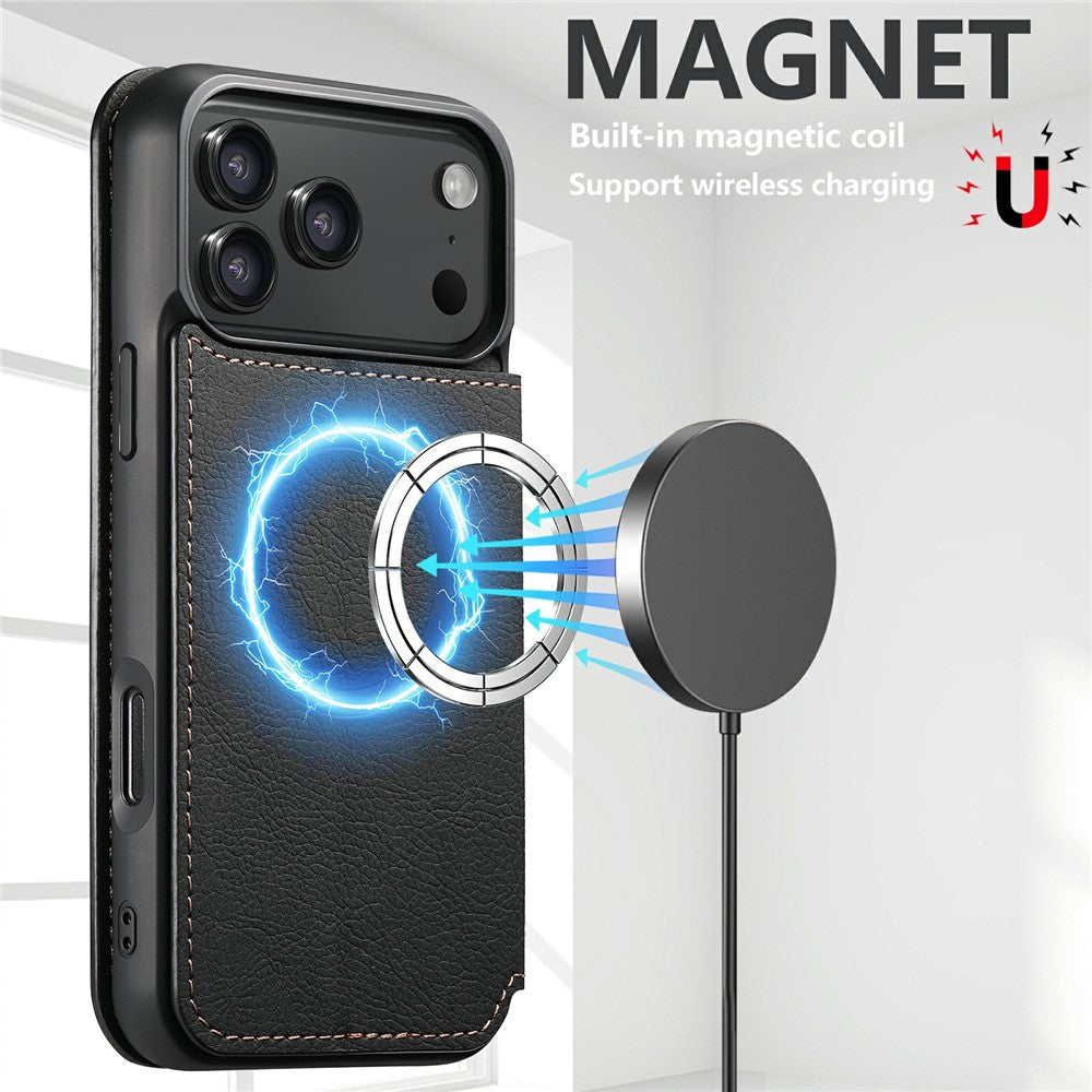 SUTENI J06 For iPhone 17 Pro Max Case Litchi Texture Leather Wallet Phone Shell Compatible with MagSafe - Black