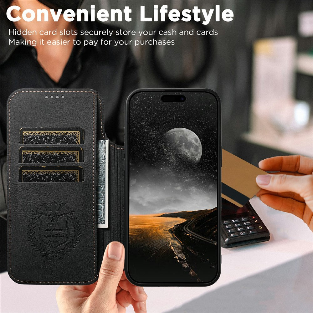 SUTENI J06 For iPhone 17 Pro Max Case Litchi Texture Leather Wallet Phone Shell Compatible with MagSafe - Black