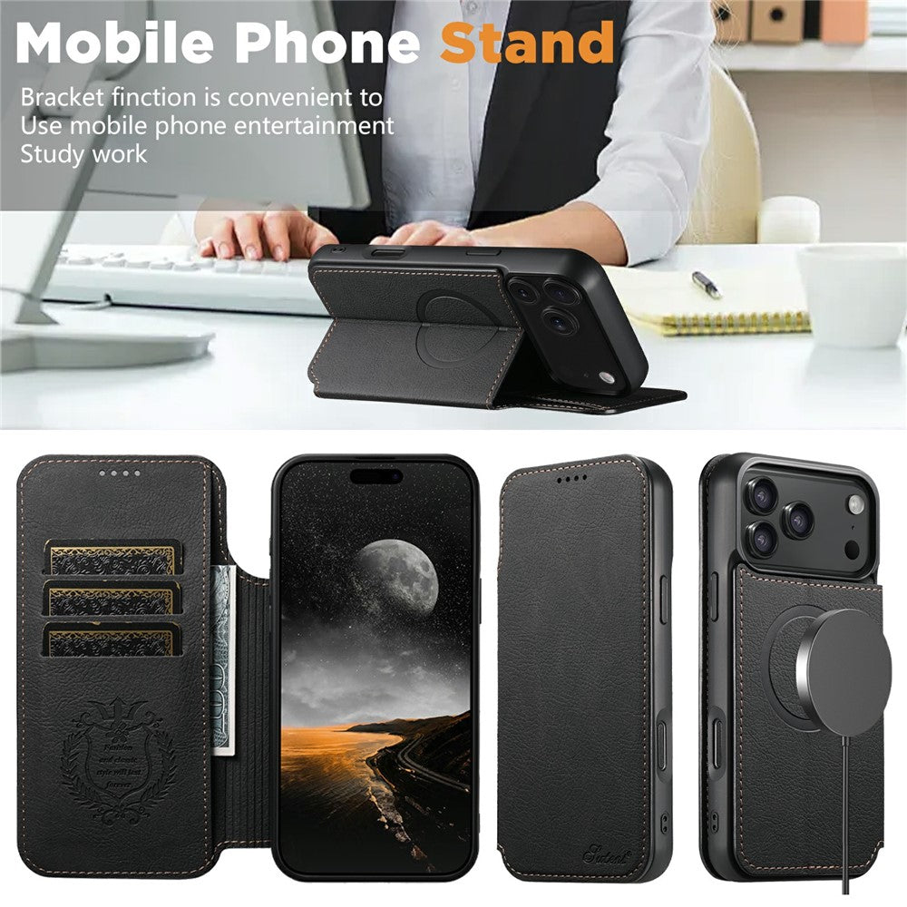 SUTENI J06 For iPhone 17 Pro Max Case Litchi Texture Leather Wallet Phone Shell Compatible with MagSafe - Black