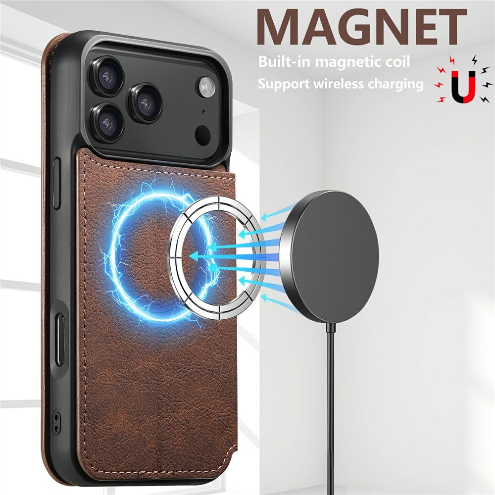 SUTENI J06 For iPhone 17 Pro Max Case Litchi Texture Leather Wallet Phone Shell Compatible with MagSafe - Brown