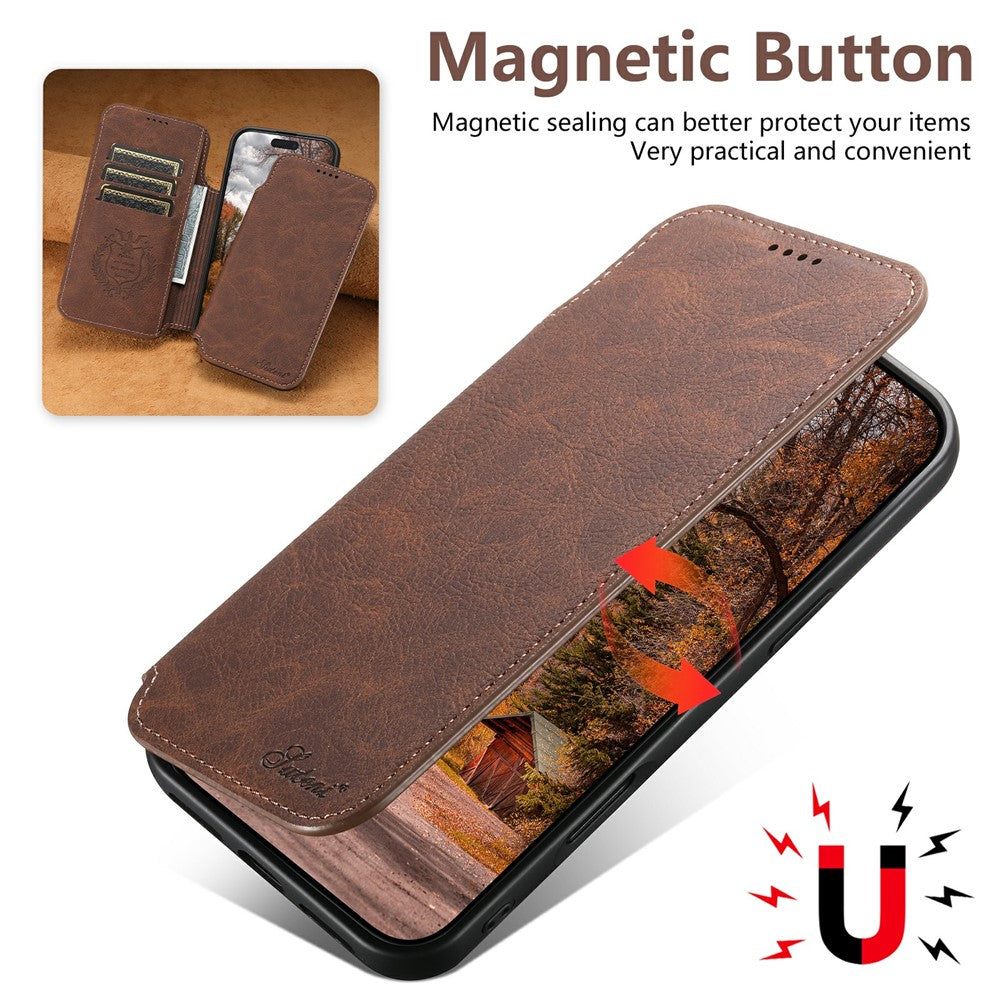 SUTENI J06 For iPhone 17 Pro Max Case Litchi Texture Leather Wallet Phone Shell Compatible with MagSafe - Brown