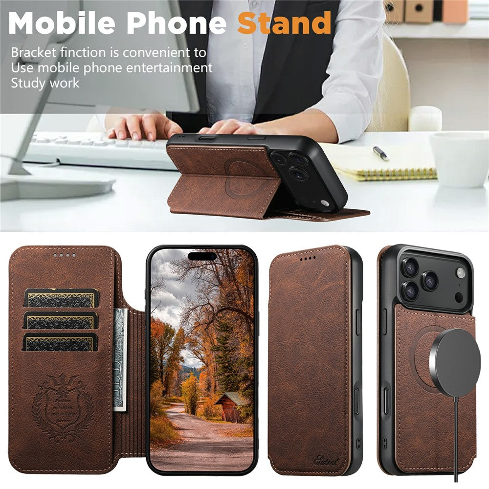 SUTENI J06 For iPhone 17 Pro Max Case Litchi Texture Leather Wallet Phone Shell Compatible with MagSafe - Brown