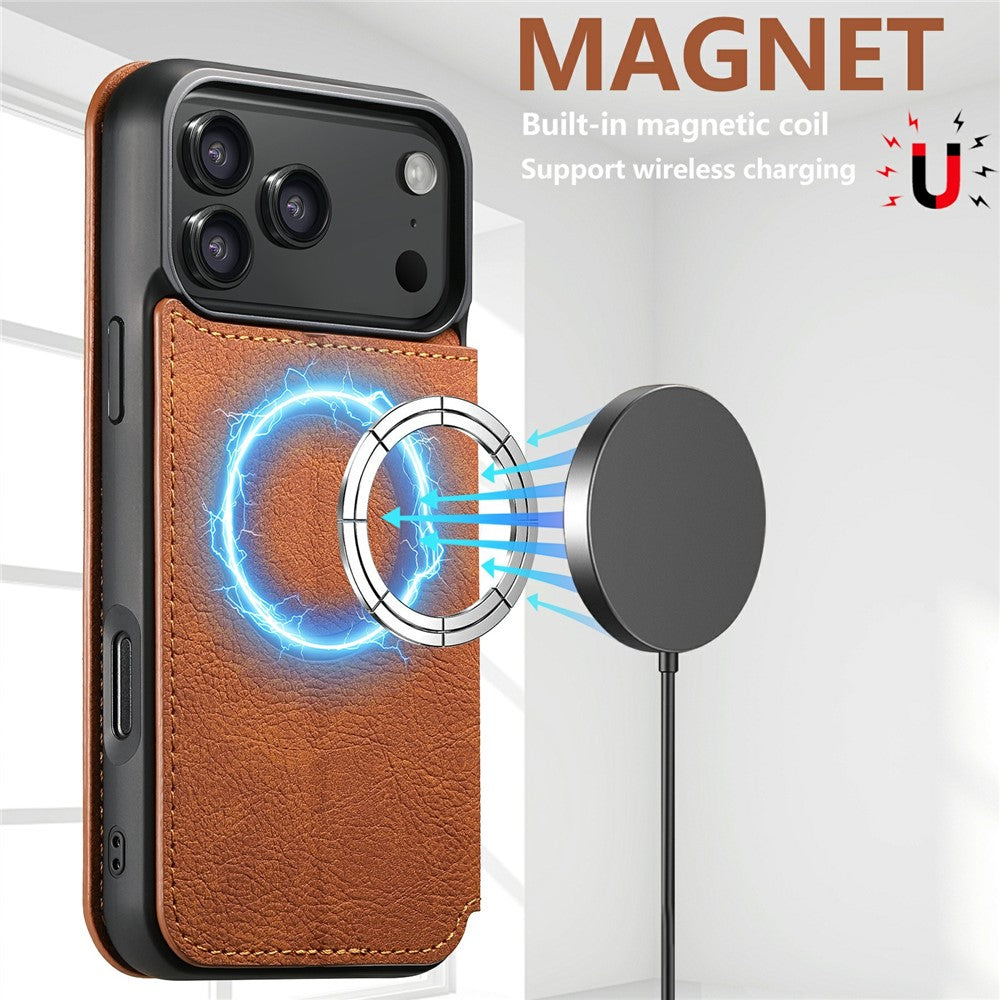 SUTENI J06 For iPhone 17 Pro Max Case Litchi Texture Leather Wallet Phone Shell Compatible with MagSafe - Khaki