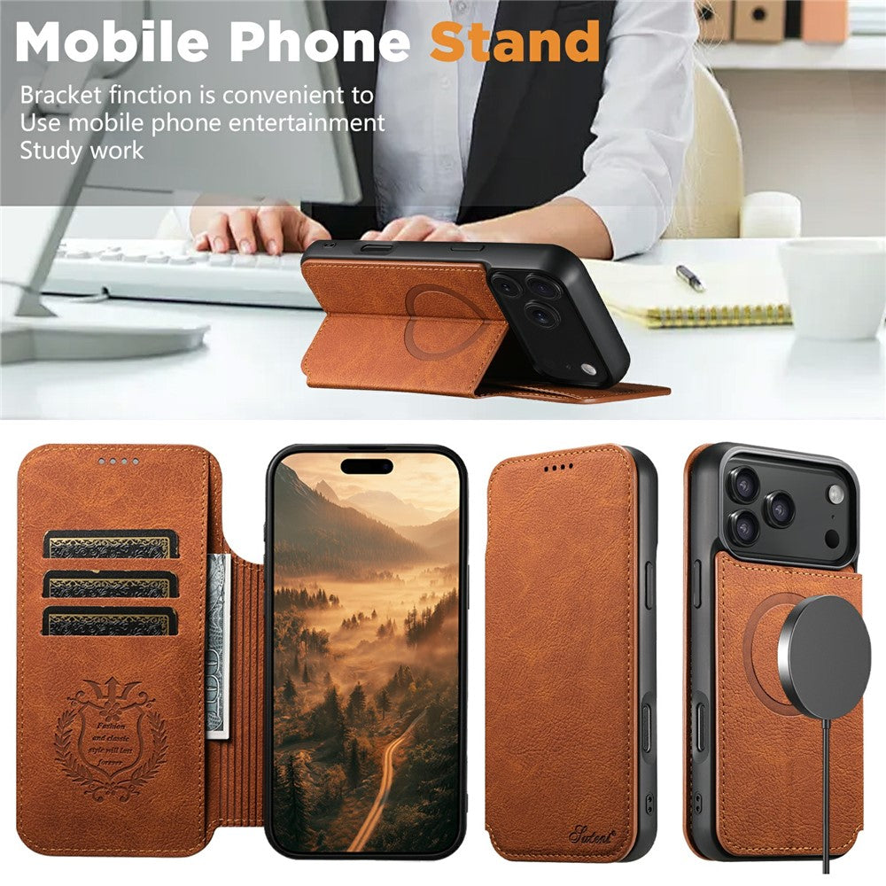SUTENI J06 For iPhone 17 Pro Max Case Litchi Texture Leather Wallet Phone Shell Compatible with MagSafe - Khaki