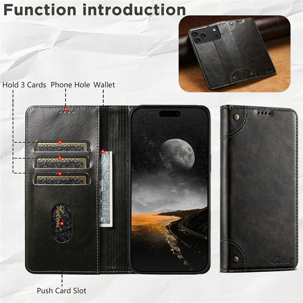 SUTENI For iPhone 17 Pro Max Case PU Leather Stand Wallet Phone Cover - Black