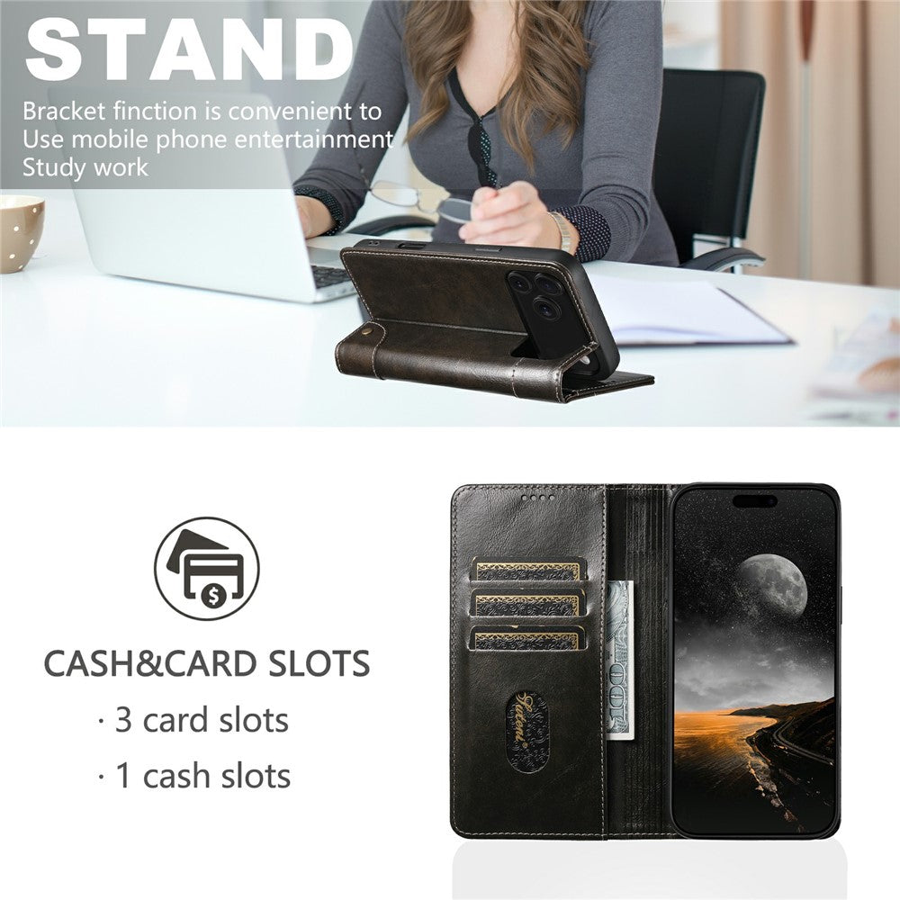 SUTENI For iPhone 17 Pro Max Case PU Leather Stand Wallet Phone Cover - Black