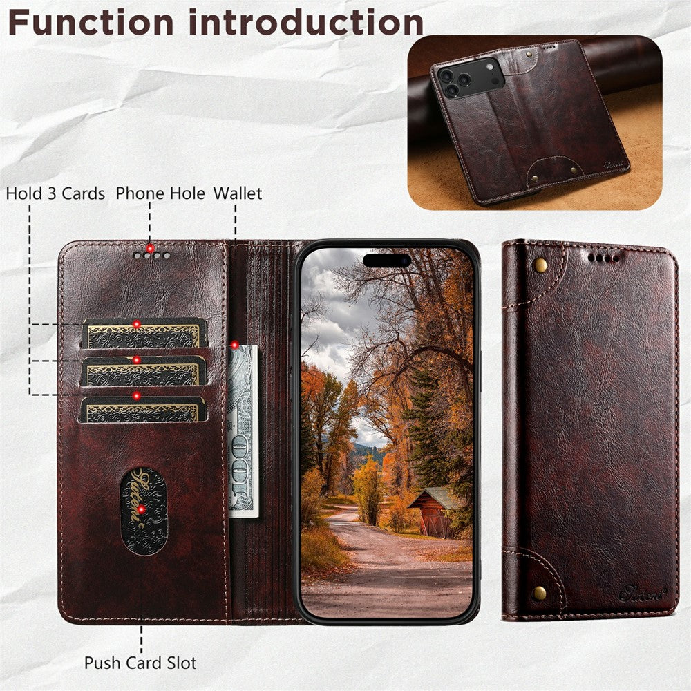 SUTENI For iPhone 17 Pro Max Case PU Leather Stand Wallet Phone Cover - Brown