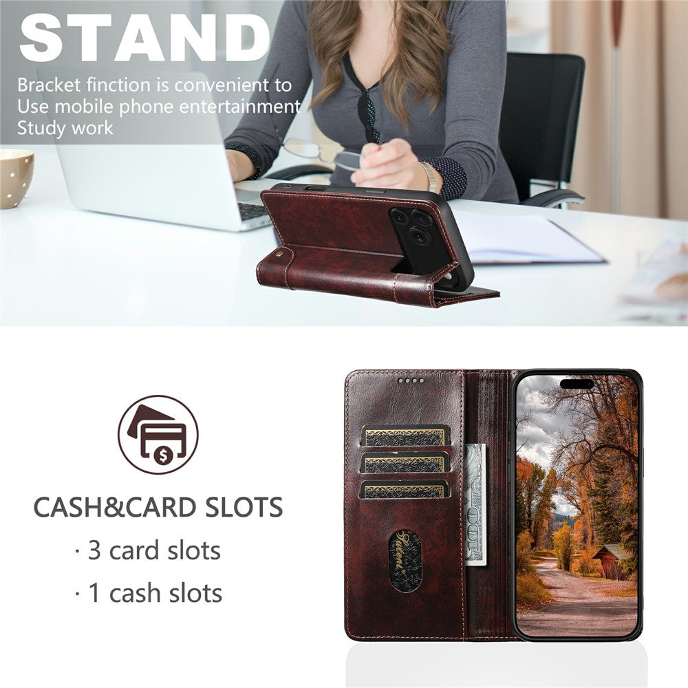 SUTENI For iPhone 17 Pro Max Case PU Leather Stand Wallet Phone Cover - Brown