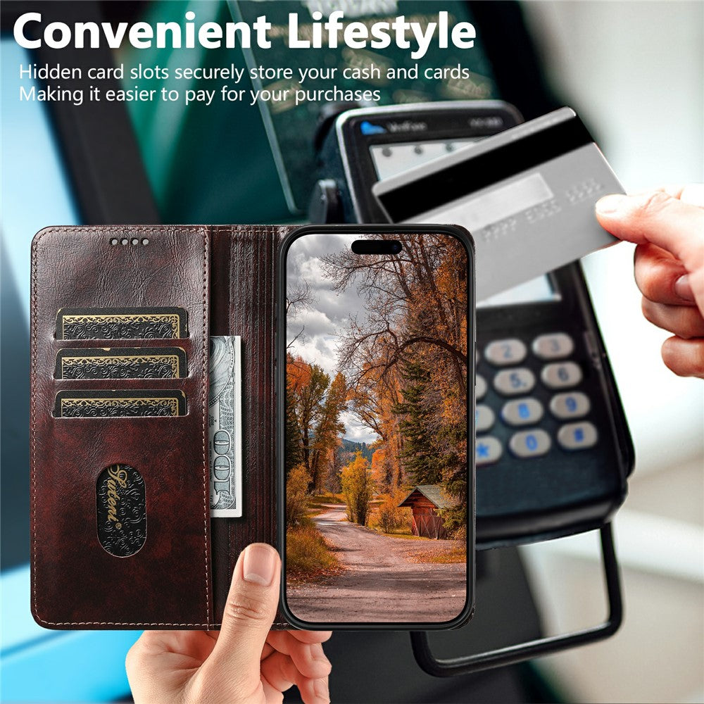 SUTENI For iPhone 17 Pro Max Case PU Leather Stand Wallet Phone Cover - Brown