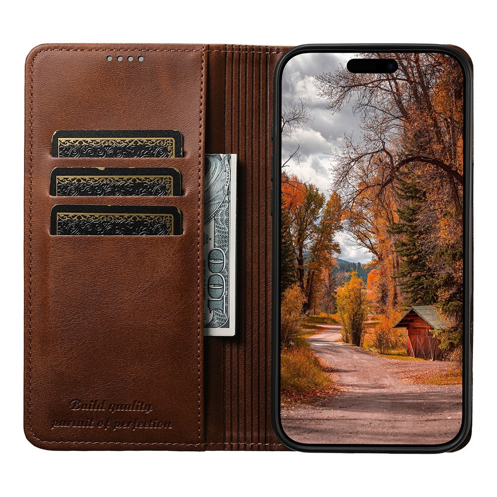 SUTENI For iPhone 17 Pro Max Case PU Leather Wallet Stand Magnetic Closing Phone Cover - Brown