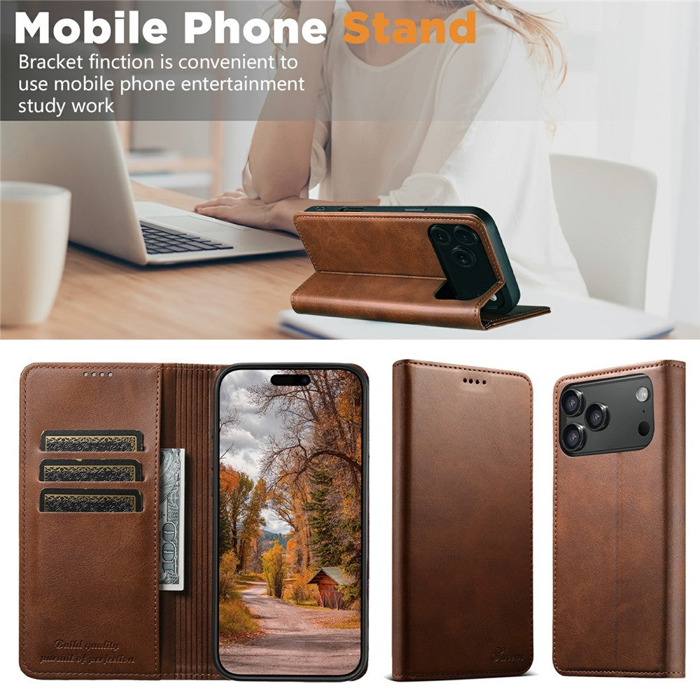 SUTENI For iPhone 17 Pro Max Case PU Leather Wallet Stand Magnetic Closing Phone Cover - Brown