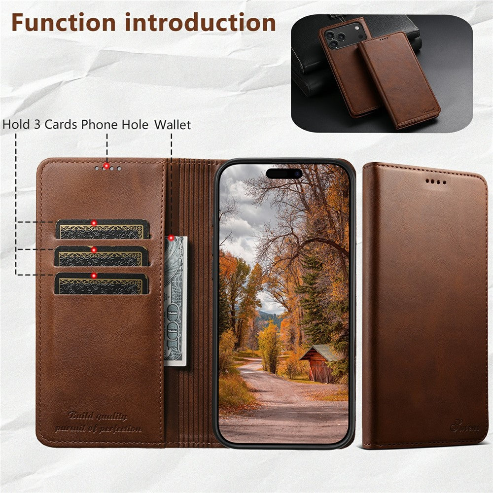 SUTENI For iPhone 17 Pro Max Case PU Leather Wallet Stand Magnetic Closing Phone Cover - Brown