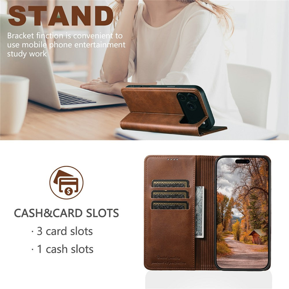 SUTENI For iPhone 17 Pro Max Case PU Leather Wallet Stand Magnetic Closing Phone Cover - Brown