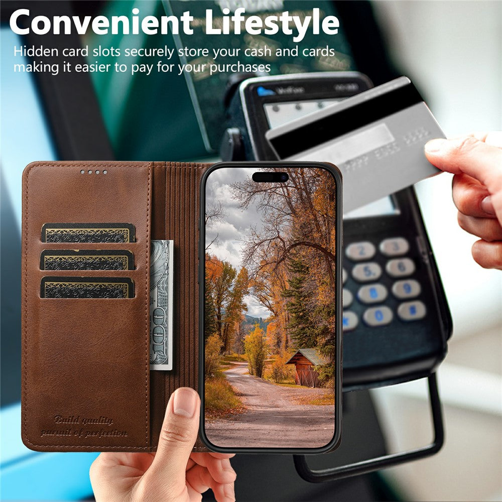 SUTENI For iPhone 17 Pro Max Case PU Leather Wallet Stand Magnetic Closing Phone Cover - Brown