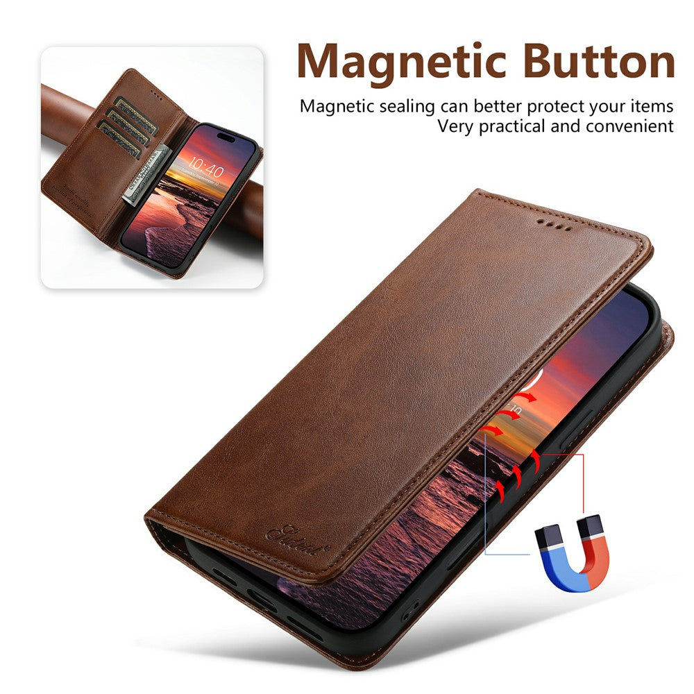 SUTENI For iPhone 17 Pro Max Case PU Leather Wallet Stand Magnetic Closing Phone Cover - Brown