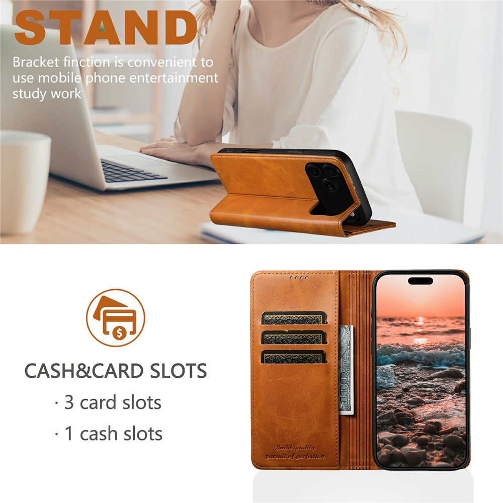 SUTENI For iPhone 17 Pro Max Case PU Leather Wallet Stand Magnetic Closing Phone Cover - Khaki