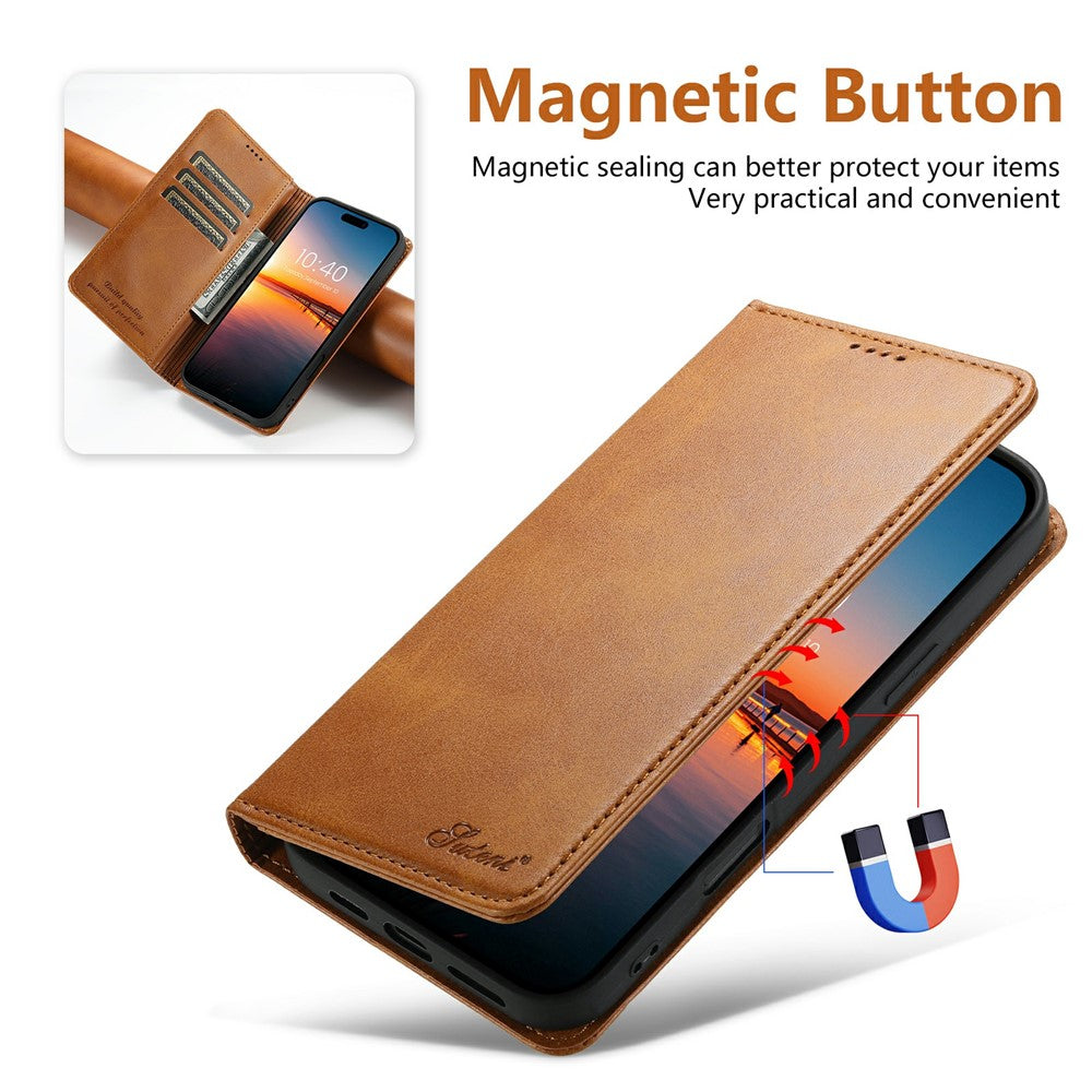 SUTENI For iPhone 17 Pro Max Case PU Leather Wallet Stand Magnetic Closing Phone Cover - Khaki
