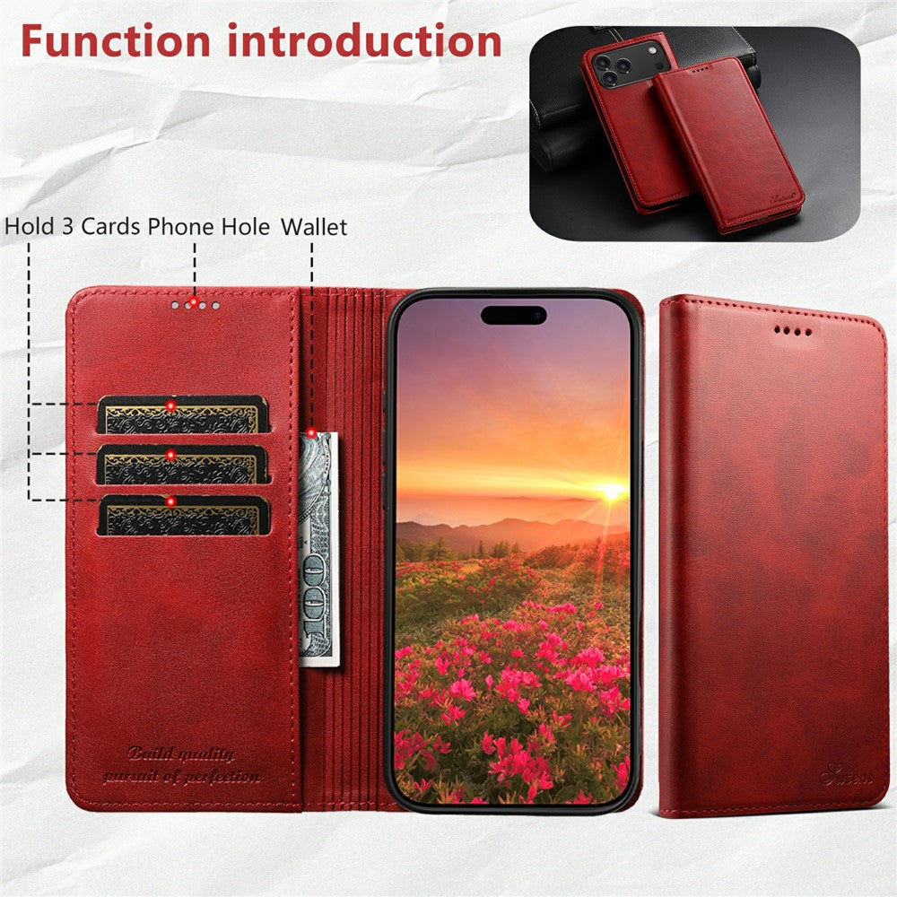SUTENI For iPhone 17 Pro Max Case PU Leather Wallet Stand Magnetic Closing Phone Cover - Red