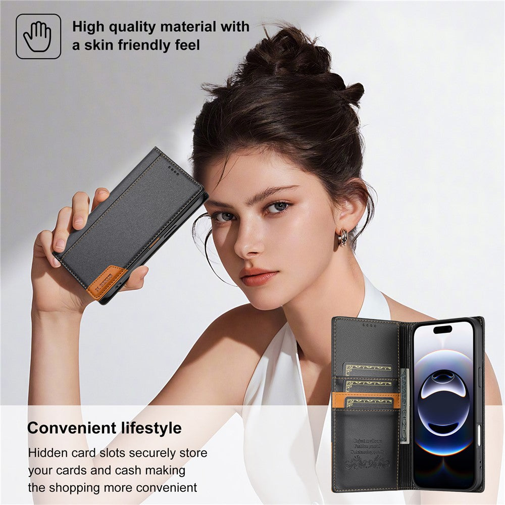 N.BEKUS P3 For iPhone 17 Pro Max Case RFID Blocking Wallet Stand PU Leather Flip Phone Cover - Black