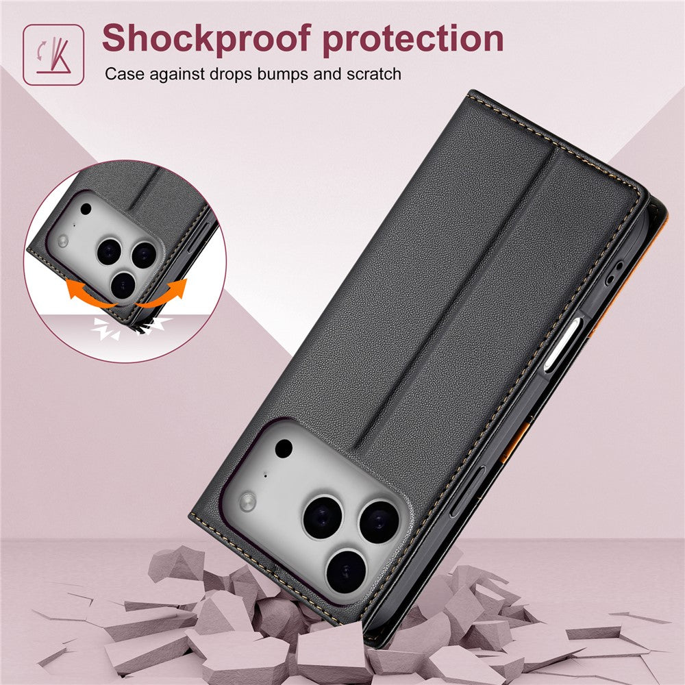 N.BEKUS P3 For iPhone 17 Pro Max Case RFID Blocking Wallet Stand PU Leather Flip Phone Cover - Black