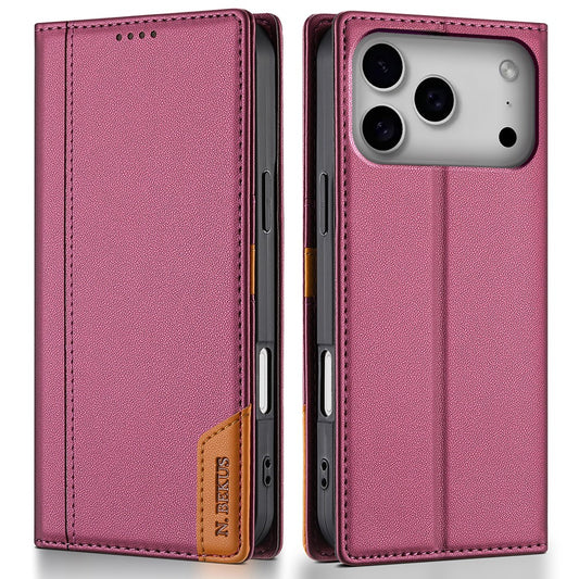 N.BEKUS P3 For iPhone 17 Pro Max Case RFID Blocking Wallet Stand PU Leather Flip Phone Cover - Wine Red