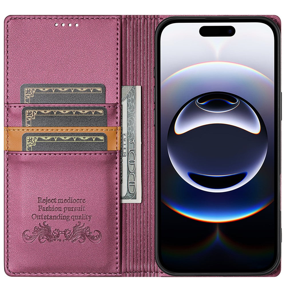 N.BEKUS P3 For iPhone 17 Pro Max Case RFID Blocking Wallet Stand PU Leather Flip Phone Cover - Wine Red