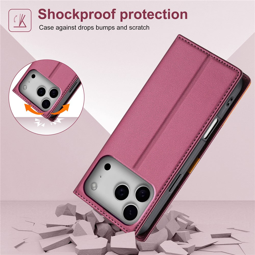 N.BEKUS P3 For iPhone 17 Pro Max Case RFID Blocking Wallet Stand PU Leather Flip Phone Cover - Wine Red