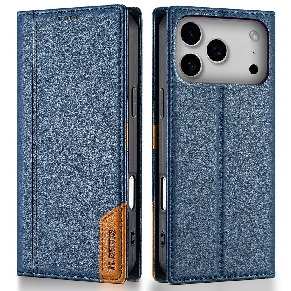 N.BEKUS P3 For iPhone 17 Pro Max Case RFID Blocking Wallet Stand PU Leather Flip Phone Cover - Blue