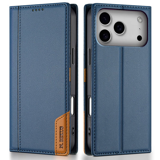 N.BEKUS P3 For iPhone 17 Pro Max Case RFID Blocking Wallet Stand PU Leather Flip Phone Cover - Blue
