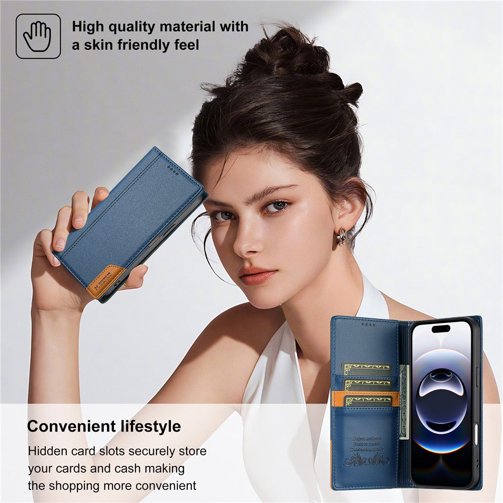 N.BEKUS P3 For iPhone 17 Pro Max Case RFID Blocking Wallet Stand PU Leather Flip Phone Cover - Blue