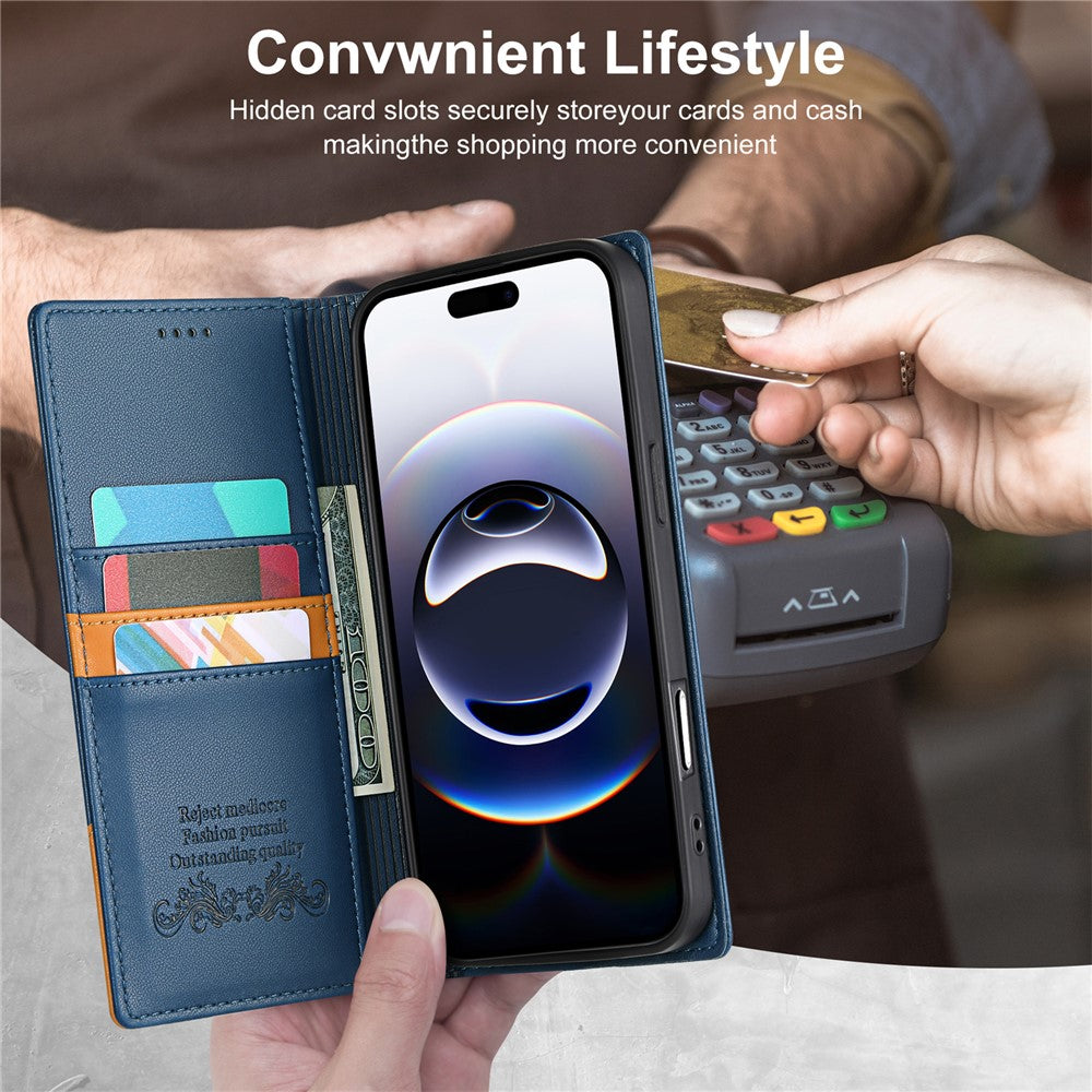 N.BEKUS P3 For iPhone 17 Pro Max Case RFID Blocking Wallet Stand PU Leather Flip Phone Cover - Blue