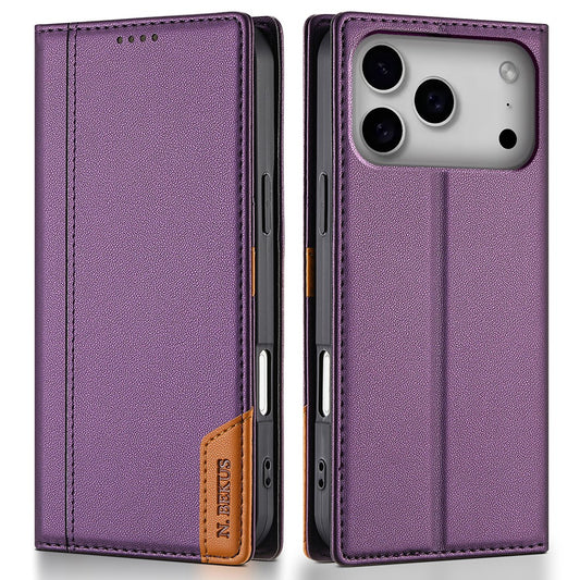 N.BEKUS P3 For iPhone 17 Pro Max Case RFID Blocking Wallet Stand PU Leather Flip Phone Cover - Purple