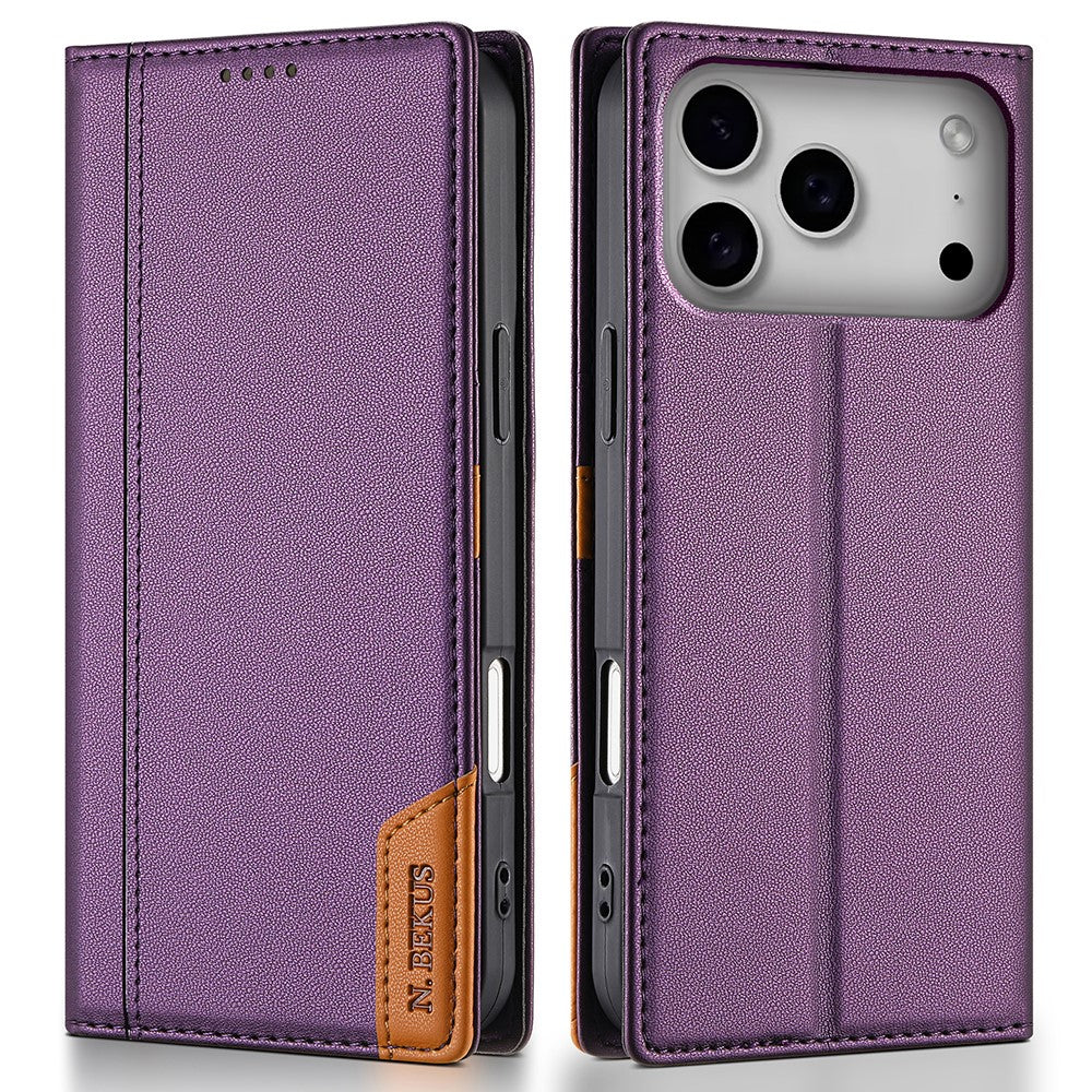 N.BEKUS P3 For iPhone 17 Pro Max Case RFID Blocking Wallet Stand PU Leather Flip Phone Cover - Purple