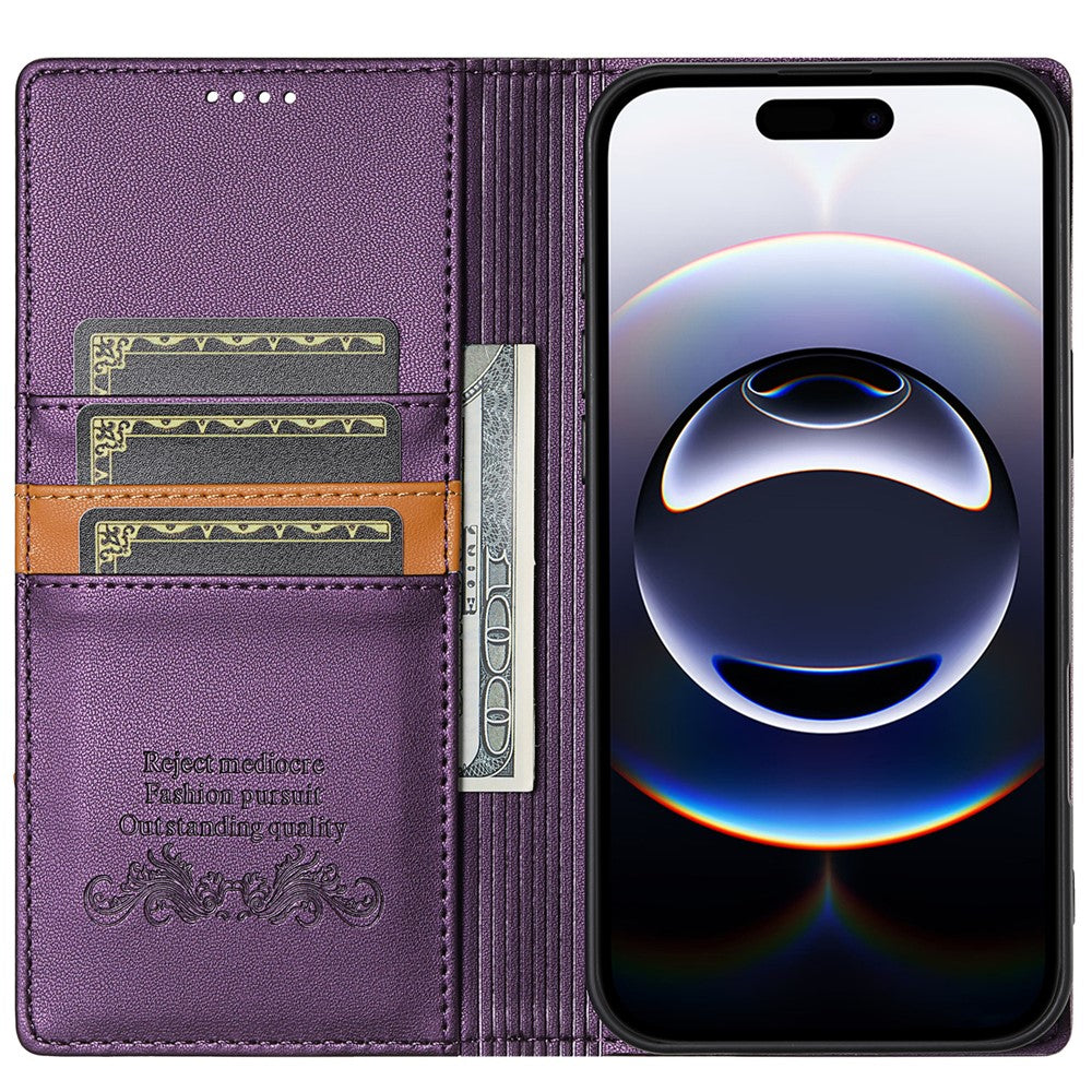 N.BEKUS P3 For iPhone 17 Pro Max Case RFID Blocking Wallet Stand PU Leather Flip Phone Cover - Purple