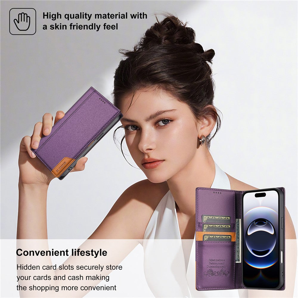 N.BEKUS P3 For iPhone 17 Pro Max Case RFID Blocking Wallet Stand PU Leather Flip Phone Cover - Purple