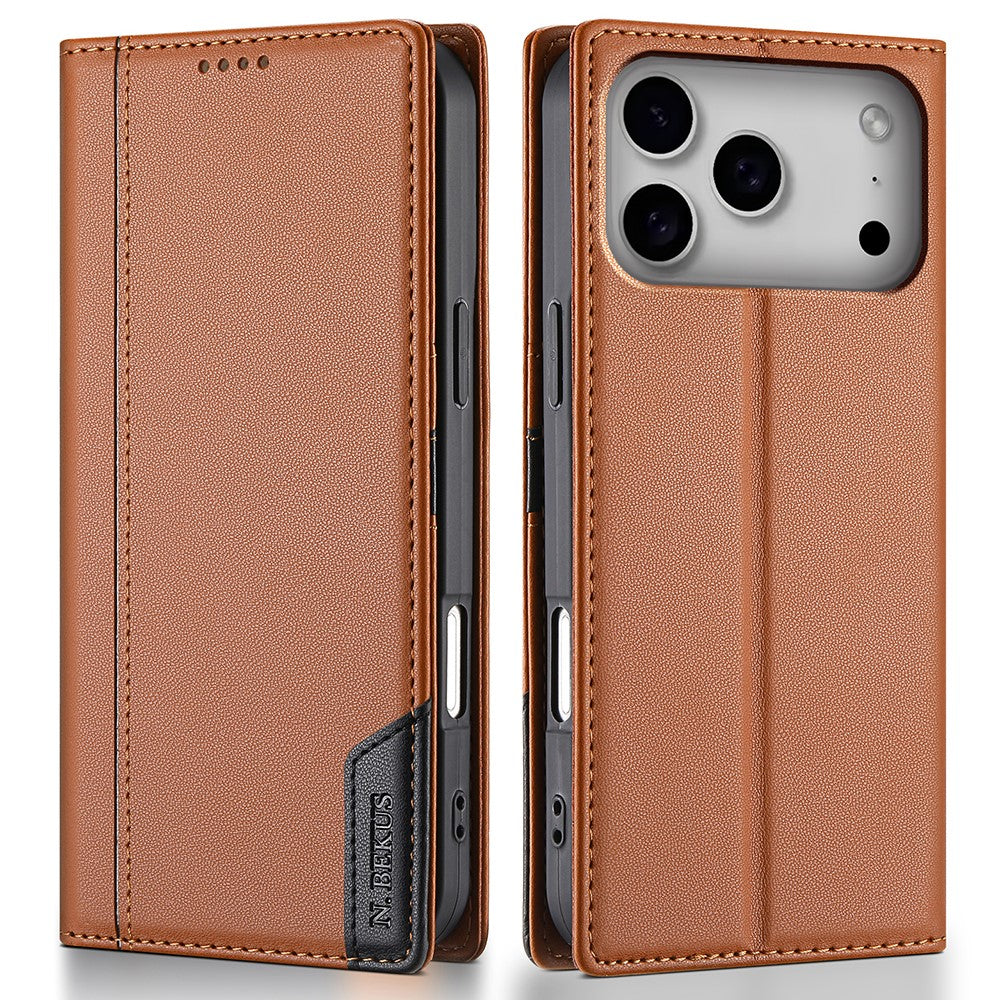 N.BEKUS P3 For iPhone 17 Pro Max Case RFID Blocking Wallet Stand PU Leather Flip Phone Cover - Brown