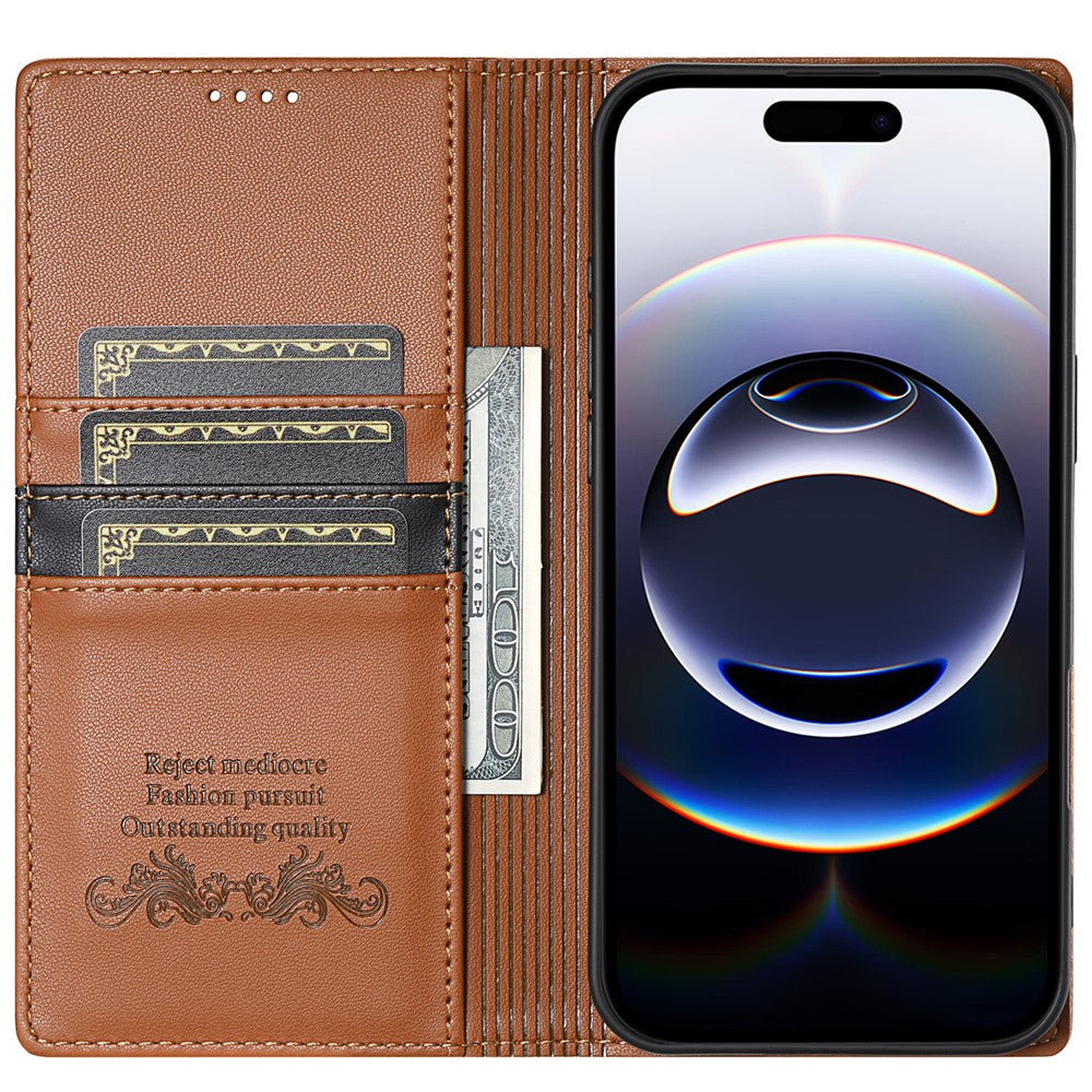 N.BEKUS P3 For iPhone 17 Pro Max Case RFID Blocking Wallet Stand PU Leather Flip Phone Cover - Brown