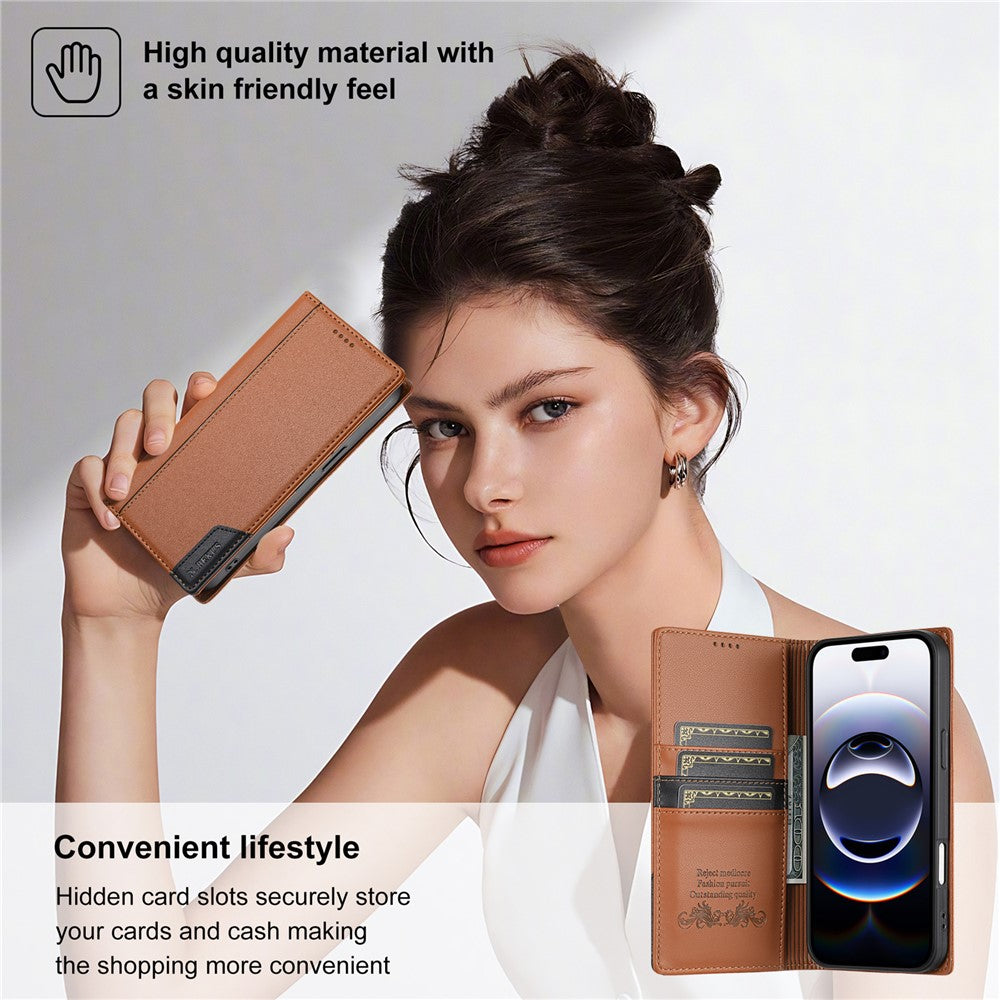 N.BEKUS P3 For iPhone 17 Pro Max Case RFID Blocking Wallet Stand PU Leather Flip Phone Cover - Brown