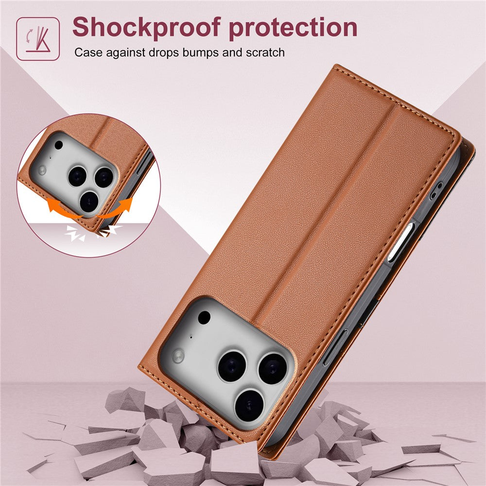 N.BEKUS P3 For iPhone 17 Pro Max Case RFID Blocking Wallet Stand PU Leather Flip Phone Cover - Brown