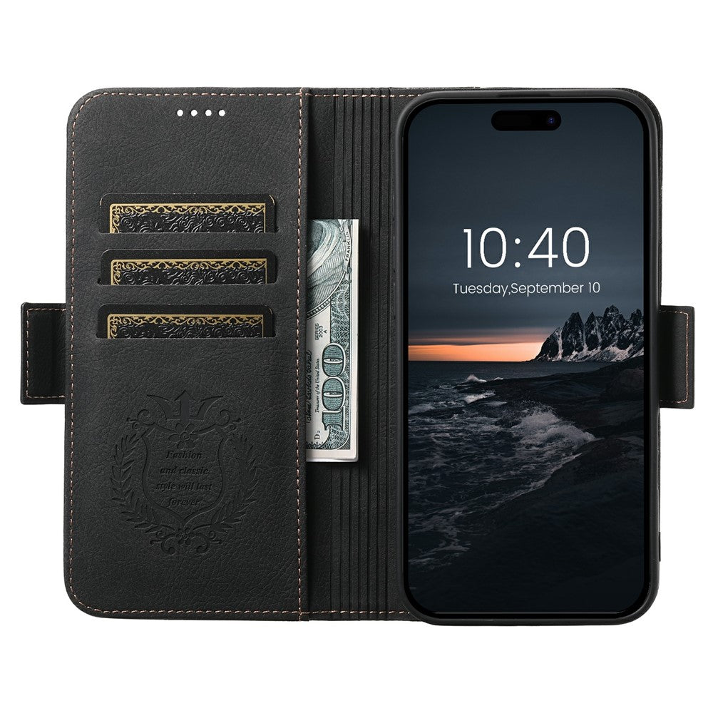 SUTENI J07 For iPhone 17 Pro Max Case Compatible with MagSafe Litchi Texture Leather Wallet Phone Cover - Black