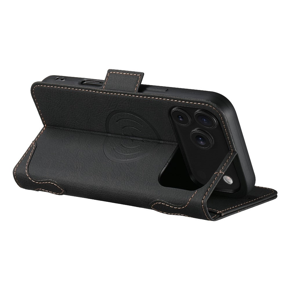 SUTENI J07 For iPhone 17 Pro Max Case Compatible with MagSafe Litchi Texture Leather Wallet Phone Cover - Black