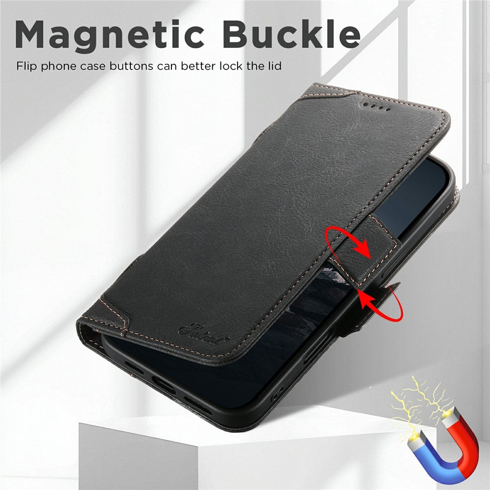 SUTENI J07 For iPhone 17 Pro Max Case Compatible with MagSafe Litchi Texture Leather Wallet Phone Cover - Black