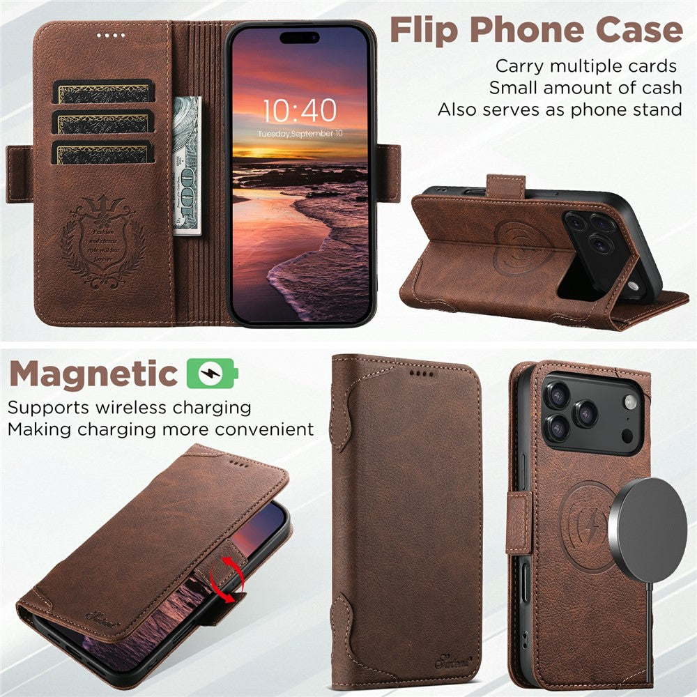 SUTENI J07 For iPhone 17 Pro Max Case Compatible with MagSafe Litchi Texture Leather Wallet Phone Cover - Brown