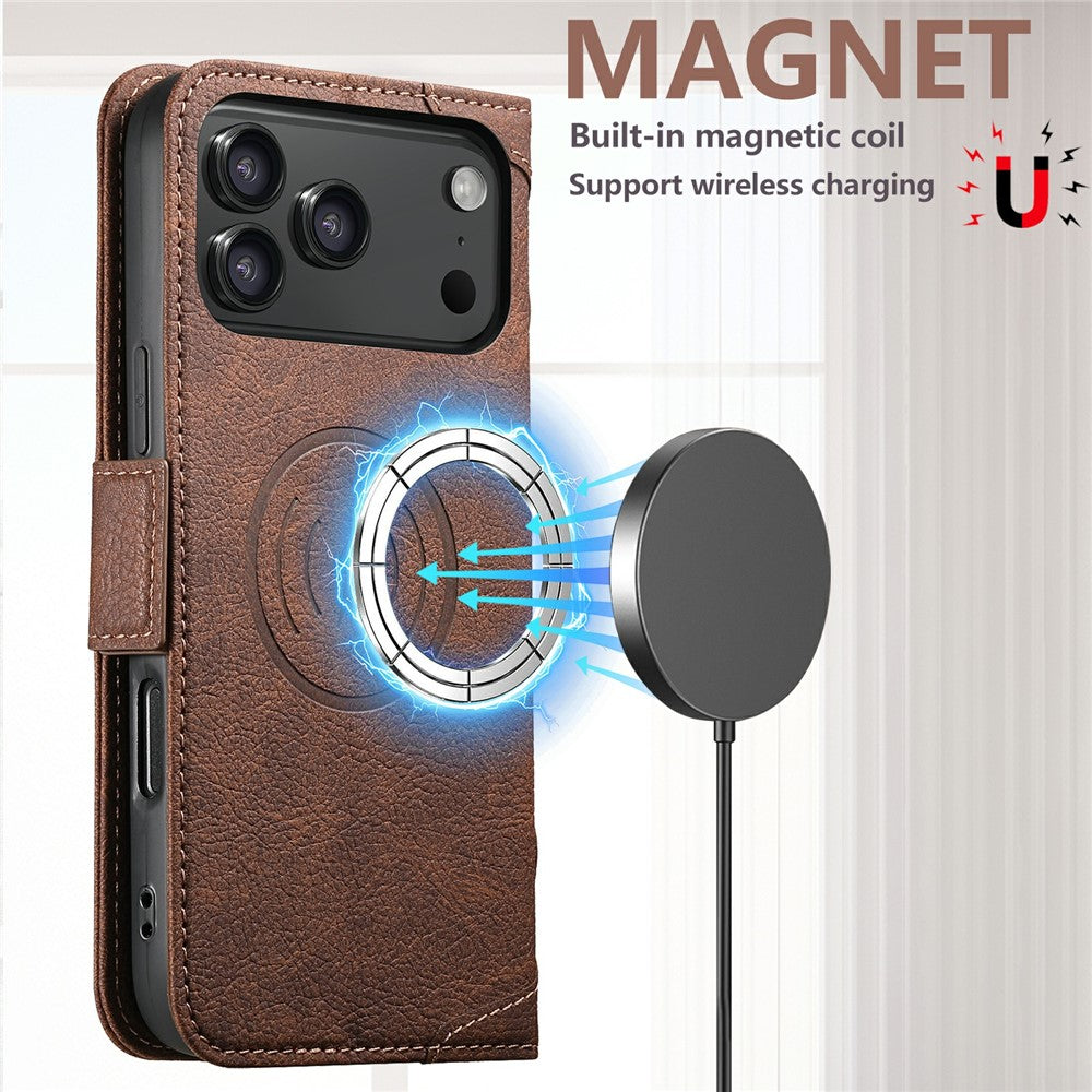 SUTENI J07 For iPhone 17 Pro Max Case Compatible with MagSafe Litchi Texture Leather Wallet Phone Cover - Brown