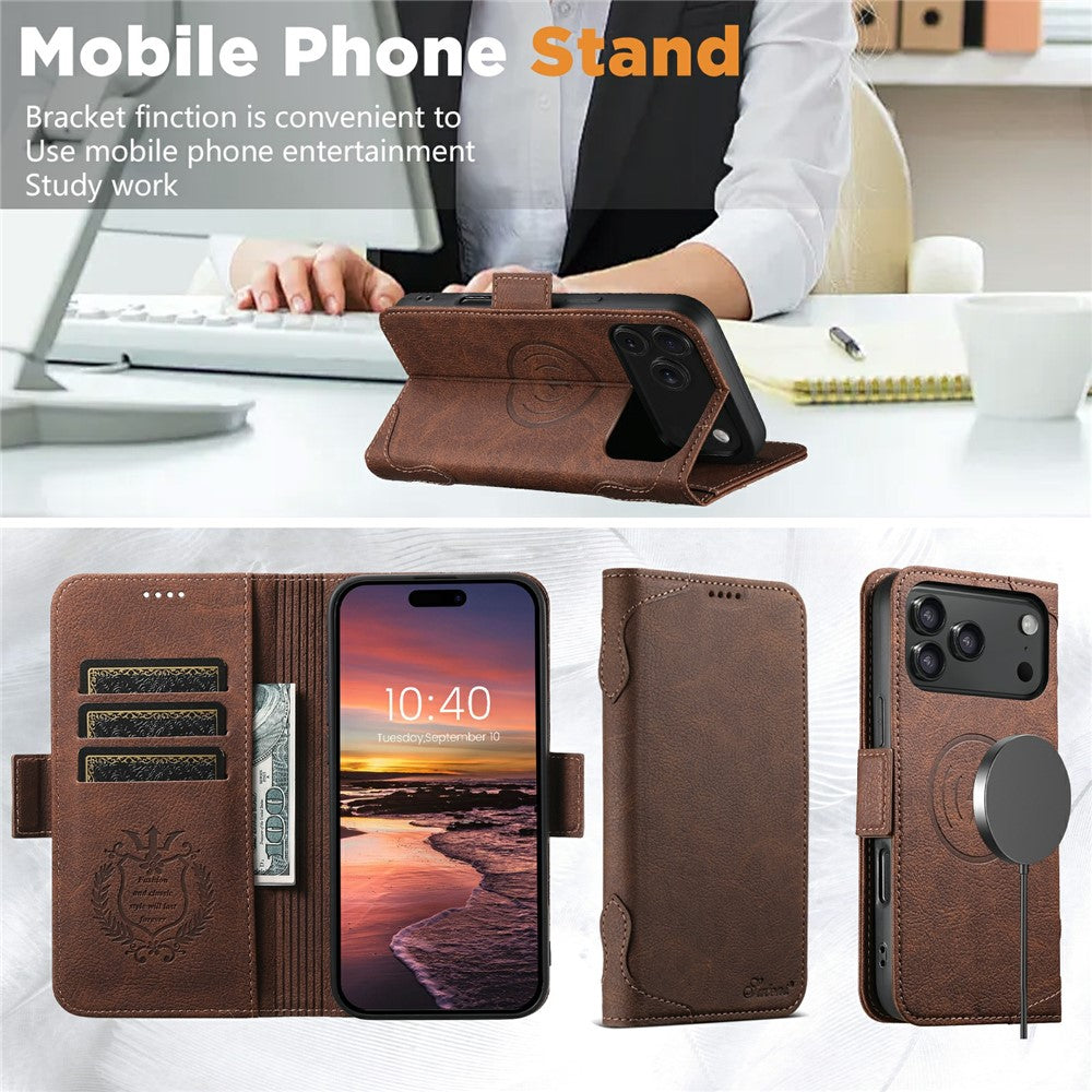 SUTENI J07 For iPhone 17 Pro Max Case Compatible with MagSafe Litchi Texture Leather Wallet Phone Cover - Brown