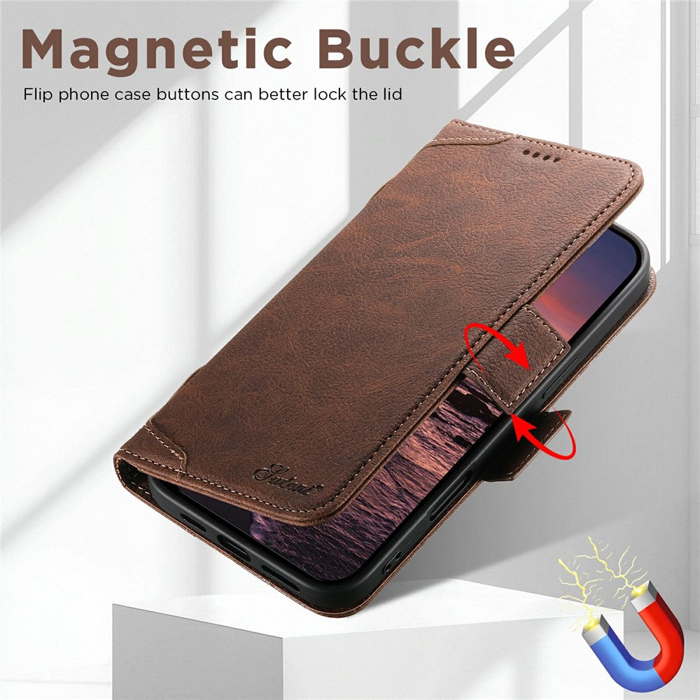 SUTENI J07 For iPhone 17 Pro Max Case Compatible with MagSafe Litchi Texture Leather Wallet Phone Cover - Brown