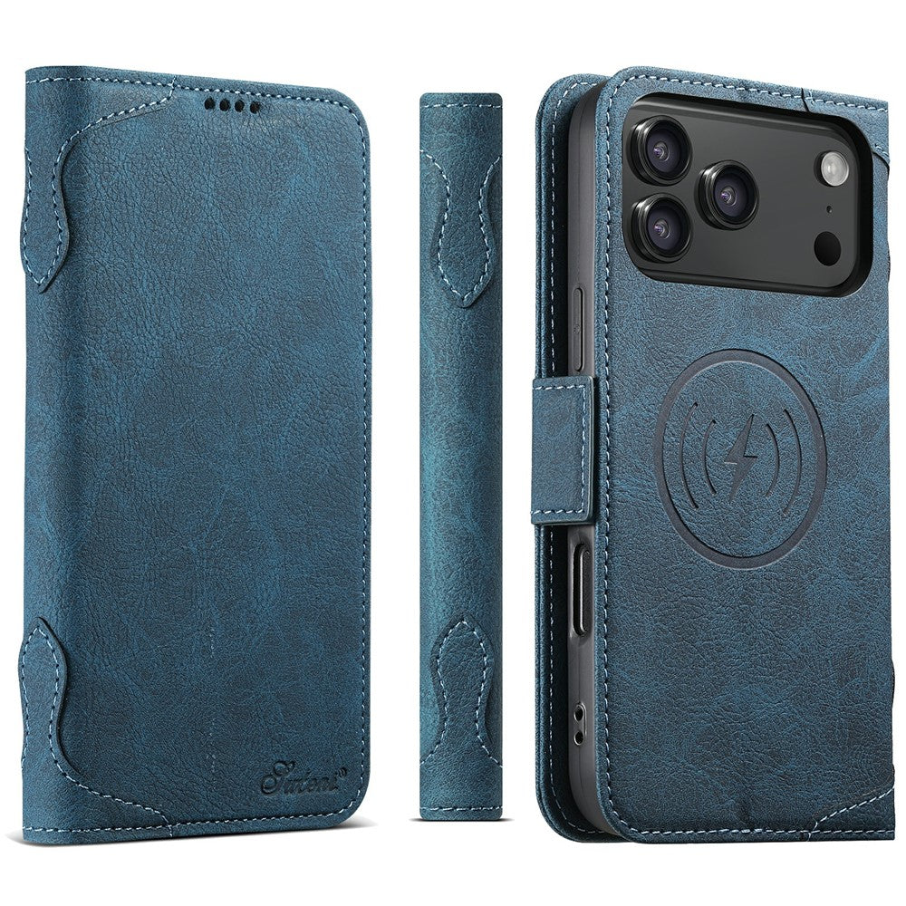 SUTENI J07 For iPhone 17 Pro Max Case Compatible with MagSafe Litchi Texture Leather Wallet Phone Cover - Blue