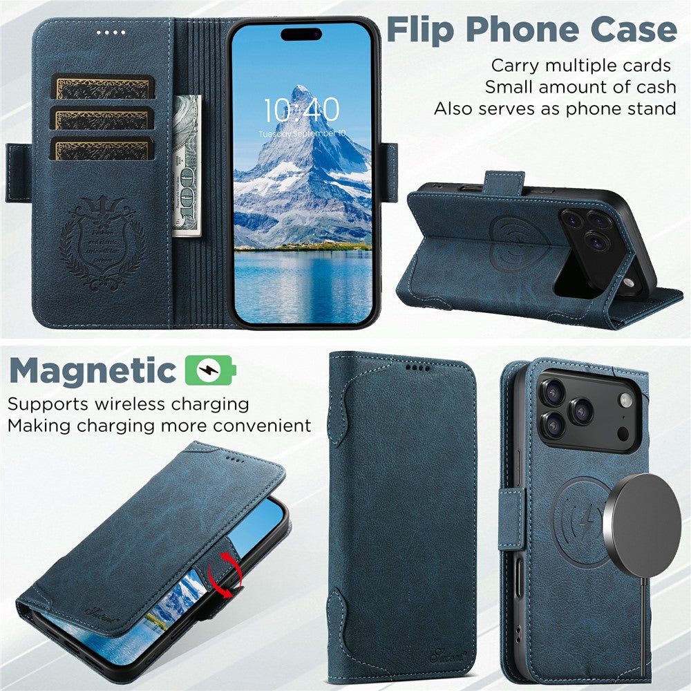 SUTENI J07 For iPhone 17 Pro Max Case Compatible with MagSafe Litchi Texture Leather Wallet Phone Cover - Blue